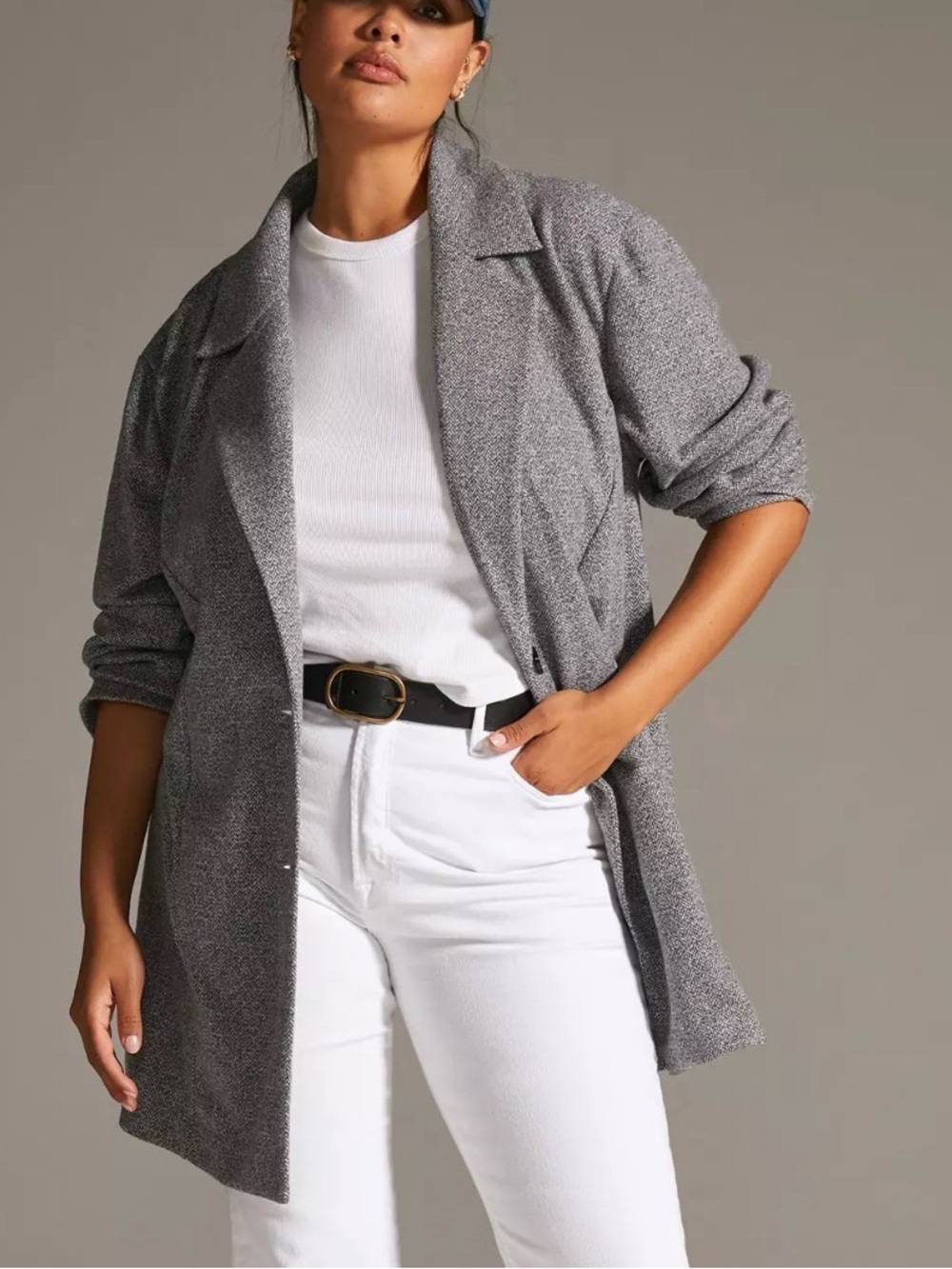 Avec Les Filles 1X Longline Gray Plaid Blazer Jacket Lightweight Plus Size